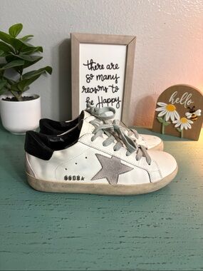 Golden Goose White Leather Sneakers with Gray Star and Black Heel